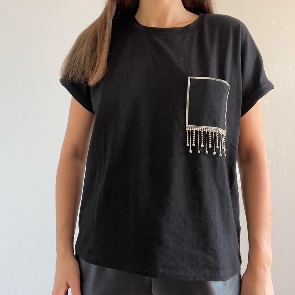 Black Boxy T-shirt with Sparkly Rhinestone Embellished Pocket | Size XL - Picture 2 of 7